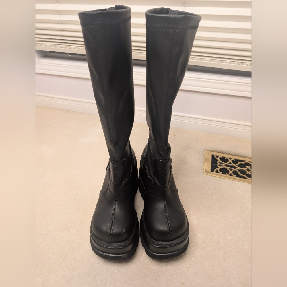 Demonia Shaker-65 Women's Black Knee-High Platform Goth Boots